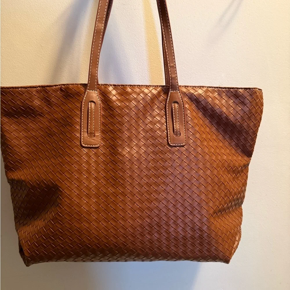 Brown Woven Bag, Vegan Leather Tote Bag Large Summer Beach Travel Handbag NWOT